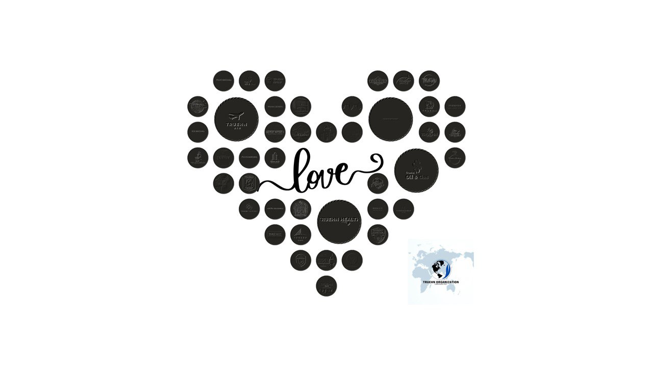 Heart formed from TRUEHN Organization company tokens with the word love